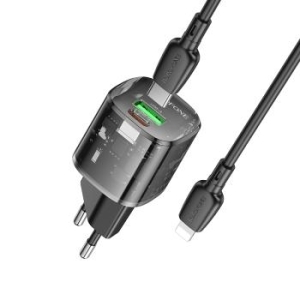Ładowarka sieciowa USB + Typ C Borofone BN17 Sunlight QC 3.0 PD 20W 3A + Kabel Typ C na Lightning Czarny - 181654