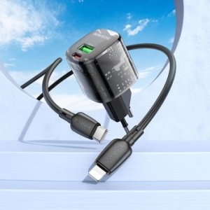 Ładowarka sieciowa USB + Typ C Borofone BN17 Sunlight QC 3.0 PD 20W 3A + Kabel Typ C na Lightning Czarny - 181655