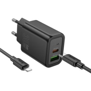 Ładowarka sieciowa USB + USB Typ C Hoco QC3.0 PD 3A 30W + Kabel Typ C do Lightning N63 Czarny - 181712