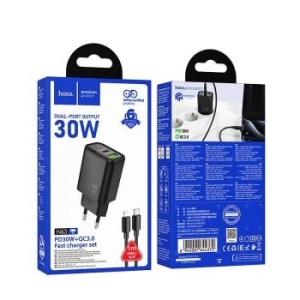 Ładowarka sieciowa USB + USB Typ C Hoco QC3.0 PD 3A 30W + Kabel Typ C do Lightning N63 Czarny - 181714