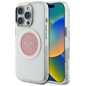 Markowy Hard Case Guess IML Metal Colored Circle Classic Logo MagSafe Apple iPhone 16 Pro Różowy - 181747