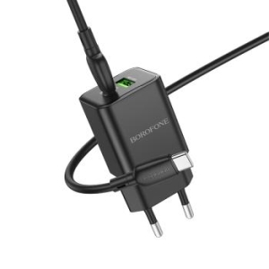 Ładowarka sieciowa USB + Typ C Borofone BN14 Royal GaN QC 3.0 PD 30W + Kabel Typ C na Typ C Czarny - 182368
