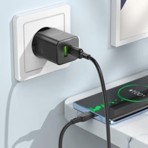 Ładowarka sieciowa USB + Typ C Borofone BN14 Royal GaN QC 3.0 PD 30W + Kabel Typ C na Typ C Czarny - 182369