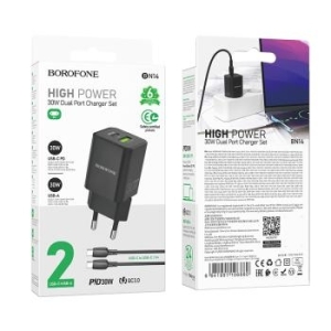 Ładowarka sieciowa USB + Typ C Borofone BN14 Royal GaN QC 3.0 PD 30W + Kabel Typ C na Typ C Czarny - 182370