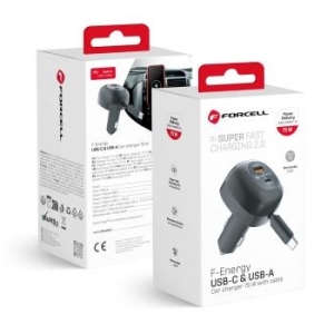 Ładowarka samochodowa USB + USB Typ C Forcell F-Energy Alu + zwijany kabel Typ C PD QC4.0 SFC2.0 3A 75W Czarny - 182381