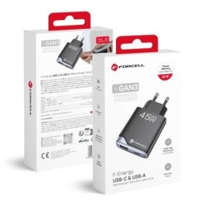 Ładowarka sieciowa USB + Typ C Forcell F-Energy Ultra Slim GaN III PD QC4.0 3A 45W Czarny - 192585