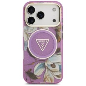 Markowy Hard Case Guess IML Metal Glitter Flowers Triangle Apple iPhone 17 Pro Fioletowy - 192681