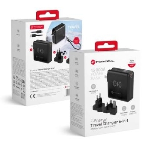 Ładowarka Wielofunkcyjna 6w1 Forcell F-Energy USB A + USB C PD 45W + Power Bank 15000 mAh + Ładowanie bezprzewodowe 15W Czarny - 193056
