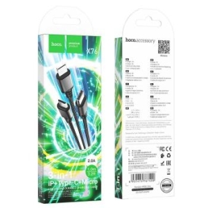 Kabel 3w1 USB A do Lightning / Micro USB / USB C Hoco 2A 1m X76 Czarny - 197804