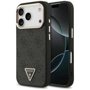 Markowy Hard Case Guess 4G PU Leather Case With Triangle Logo And Gold Metal Camera Frame Apple iPhone 17 Pro Czarny - 201464