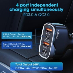 Ładowarka samochodowa VEGER 2 x USB A + 2 x Typ C PD QC 3A 66W Czarny - 201530