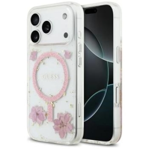 Markowy Hard Case Guess Resin Flowers and Glitter Apple iPhone 17 Pro Różowy - 205982