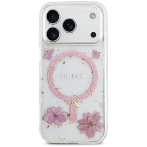 Markowy Hard Case Guess Resin Flowers and Glitter Apple iPhone 17 Pro Różowy - 205983