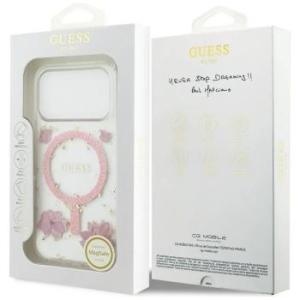 Markowy Hard Case Guess Resin Flowers and Glitter Apple iPhone 17 Pro Różowy - 205985