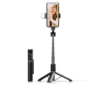 Uchwyt do selfie z odpinanym pilotem Bluetooth, Tripodem i lampą LED - P90D Czarny - 207464