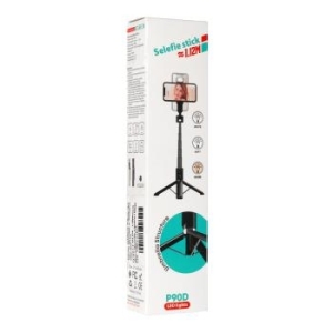 Uchwyt do selfie z odpinanym pilotem Bluetooth, Tripodem i lampą LED - P90D Czarny - 207467