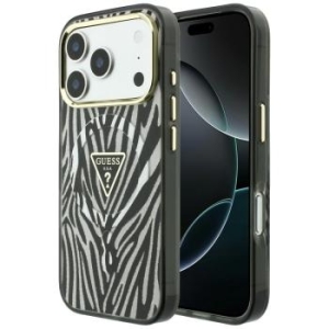 Markowy Hard Case Guess IML Zebra Glitter Triangle Logo MagSafe Apple iPhone 18 Pro / 17 Pro Srebrny - 208168