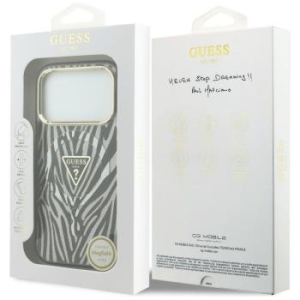 Markowy Hard Case Guess IML Zebra Glitter Triangle Logo MagSafe Apple iPhone 18 Pro / 17 Pro Srebrny - 208171