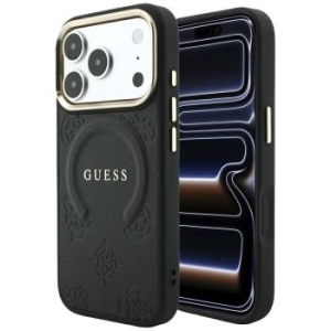 Markowy Hard Case Guess Saffiano Peony Ring z MagSafe Apple iPhone 18 Pro Max / 17 Pro Max Czarny - 208381
