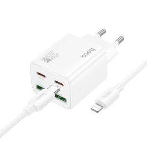 Ładowarka Sieciowa 2xTyp C + 2xUSB A Hoco QC3.0 PD 3A 20W + Kabel Typ C do Lightning N55 Biały - 209026