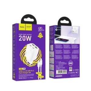 Ładowarka Sieciowa 2xTyp C + 2xUSB A Hoco QC3.0 PD 3A 20W + Kabel Typ C do Lightning N55 Biały - 209028